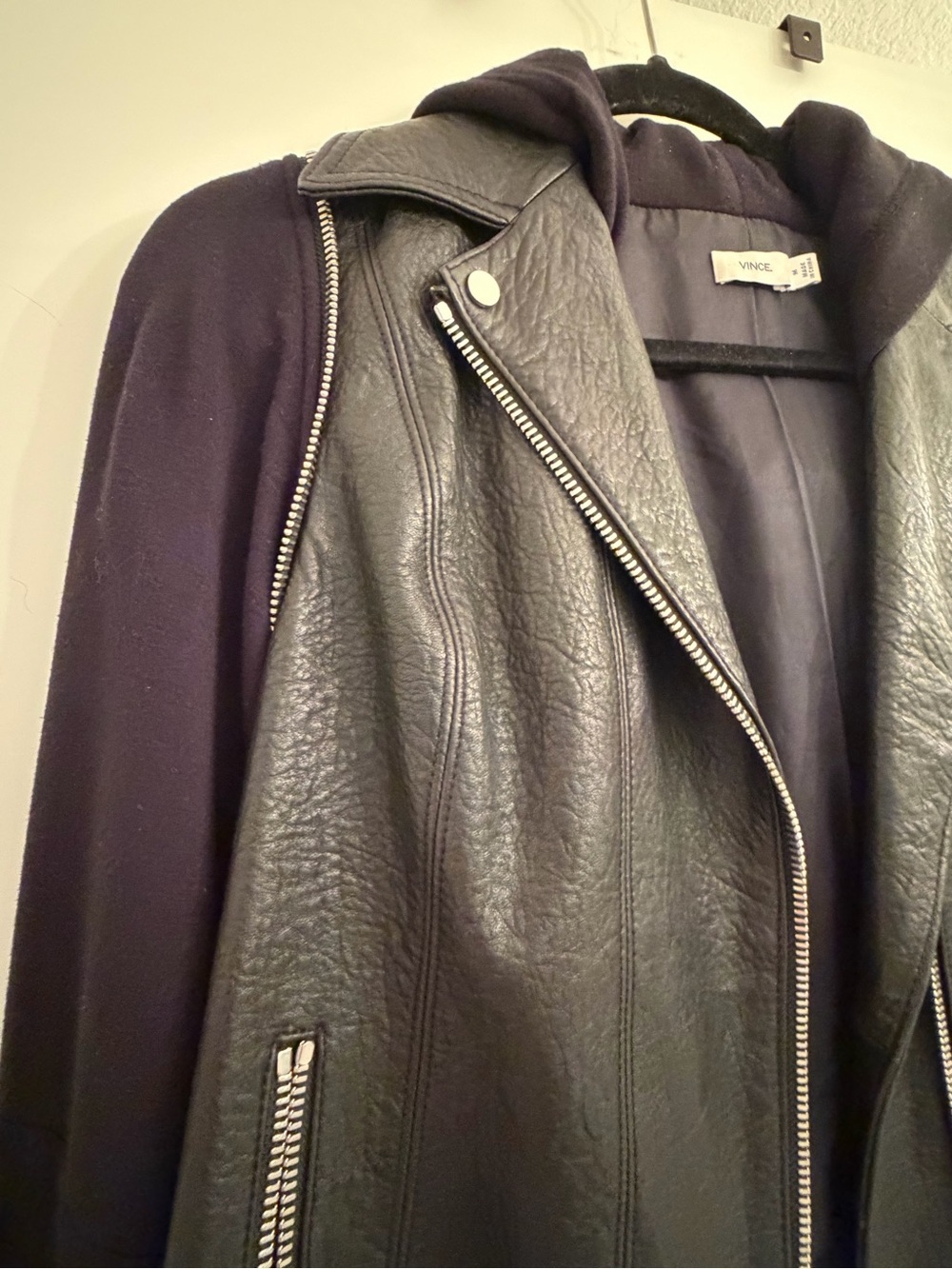 Vince Black Leather Moto Jacket with Hooded Knit Sleeves - Picture 3 of 9